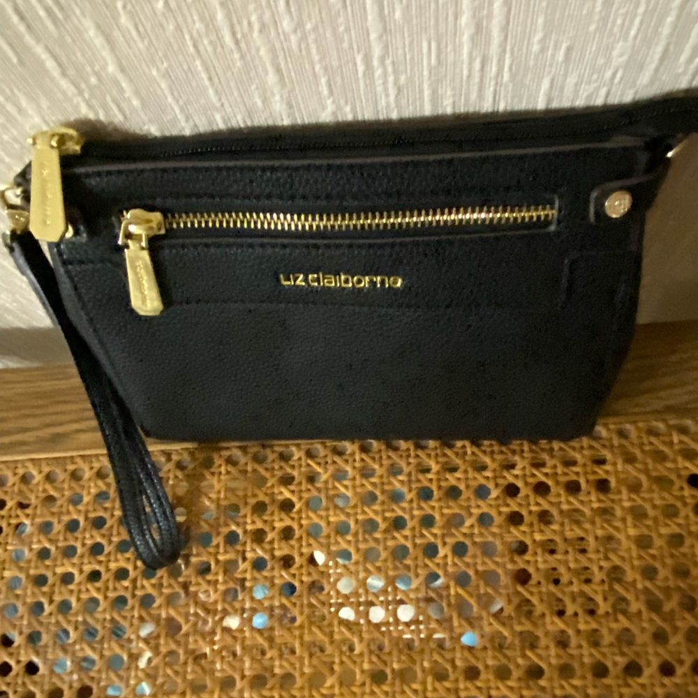 Liz Claiborne Black Wristlet with Gold Accents has long strap for crossbody